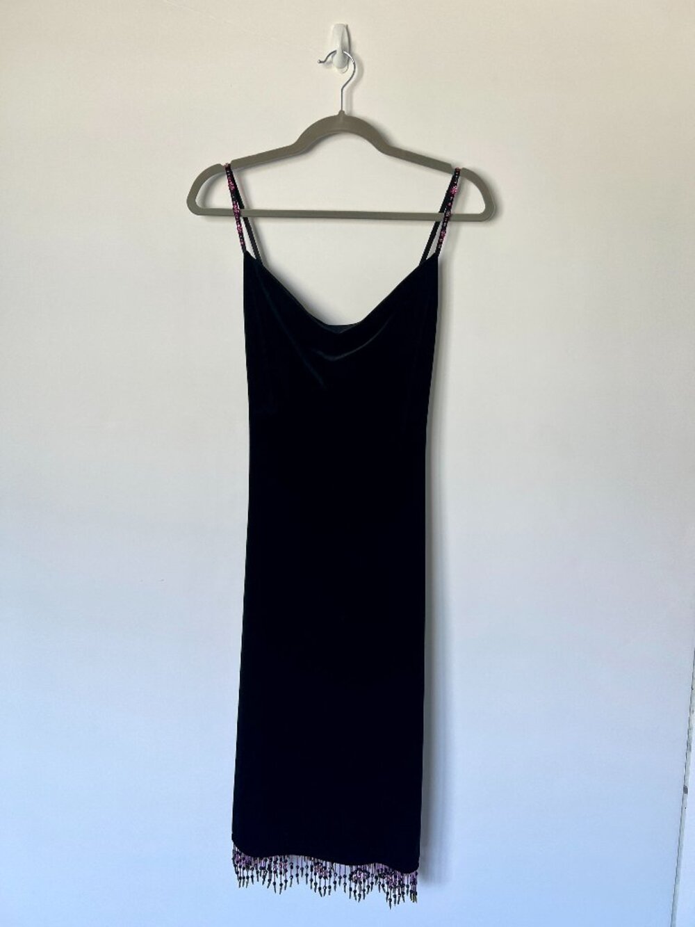 Vintage Y2K Betsey Johnson Black Velvet Beaded Fringe Dress S - Picture 1 of 13